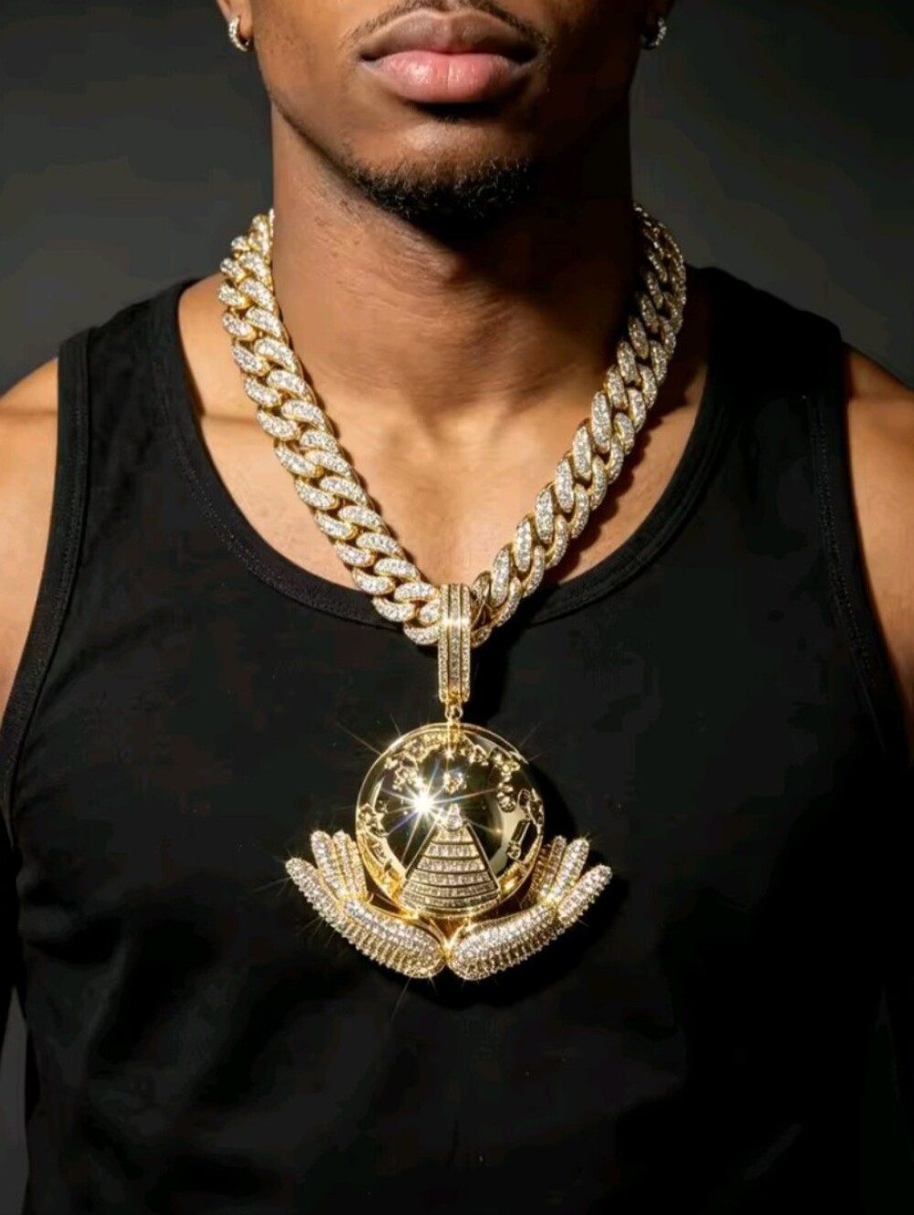 Men's Hip Hop Iced Out World Globe Pendant Gold Tone Wing And Pyramid Design